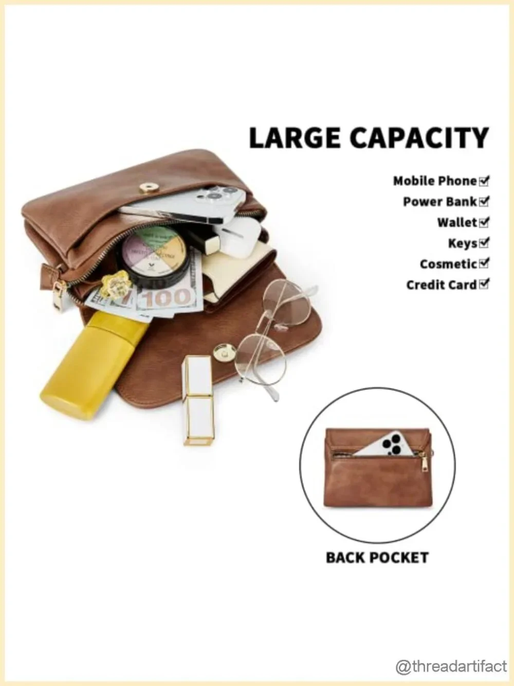 Small Crossbody Bag with Phone Pocket, Vegan Leather, Adjustable Strap